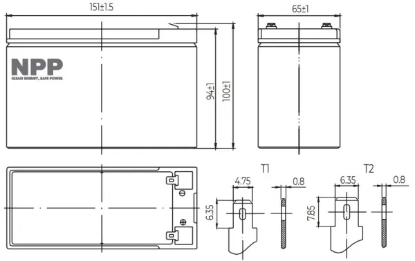 NPP NP12V-7Ah, AGM BATTERY, C20=7AH, T1, 151x65x94x100, 1,97KG, BLACK Slika 2