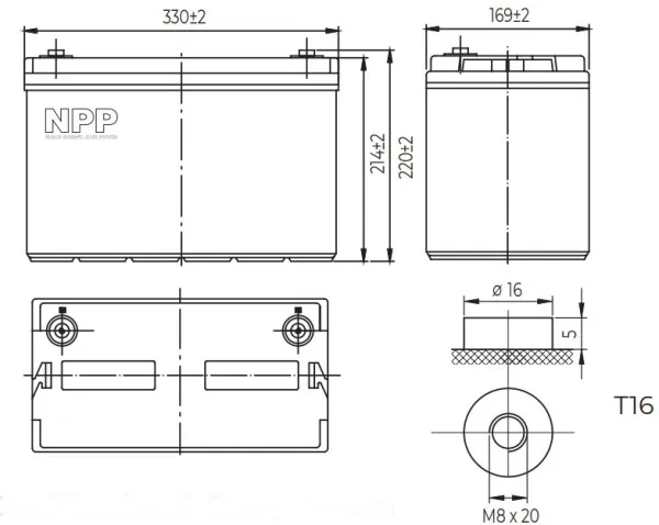 NPP NPG12V-100Ah, GEL BATTERY, C20=100AH, T16, 330x171x214x220, 27,3KG, Light grey Slika 1