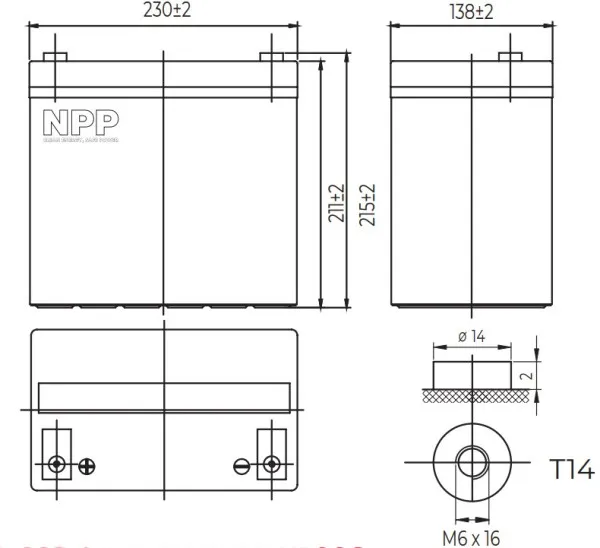 NPP NPG12V-55Ah, GEL BATTERY, C20=55AH, T14, 230*138*208*212, 15KG, Light grey Slika 1