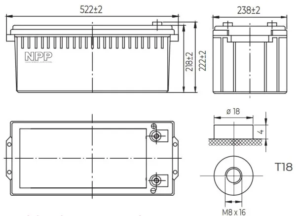 NPP NPG12V-200Ah, GEL BATTERY, C20=200AH, T16, 522x238x218x222, 52,8KG, Light grey Slika 2