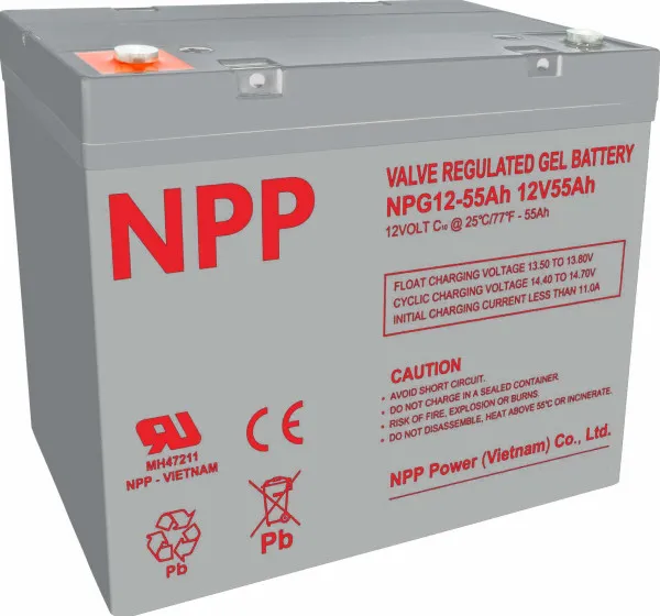 NPP NPG12V-55Ah, GEL BATTERY, C20=55AH, T14, 230*138*208*212, 15KG, Light grey Slika 2