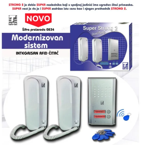 Teh Tel Zicni interfon sa RFID citacem SUPER STRONG 2, dve unutrasnje slusalice Slika 2