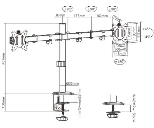 GEMBIRD MA-D2-01 Gembird Podesivi dupli stoni drzac za monitor, tilt, 17-32 max.2x9kg (alt. MA-DF2-01) Slika 2