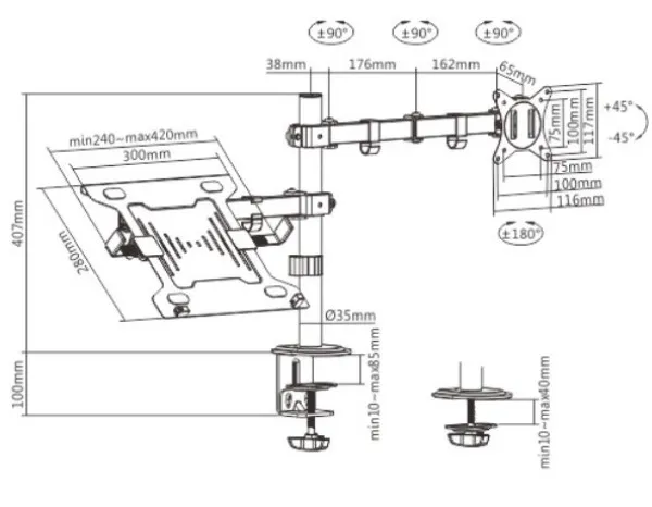 GEMBIRD MA-DA-03 Gembird Podesivi stoni drzac za monitor tilt, 17-32 max.9kg + nosac za laptop Slika 6