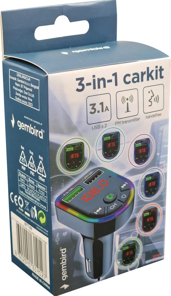 GEMBIRD BTT-09 ** Gembird 3-in-1 Bluetooth carkit with FM-radio transmitter and USB 3.1 A charger, blk (559) Slika 3