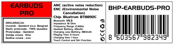 GEMBIRD BHP-EARBUDS-PRO*(ANC) Gembird bluetooth V5.3, 16ohm, 45/380mAh slusalice, ANC/ENC noise r.Touch(1539 Slika 1