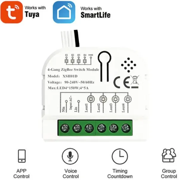 GEMBIRD SMART-4GANG Tuya Wifi DIY Self-locking daljinski upravljac Smart Switch relejni modul DC 5V/7-32V AC- Slika 1