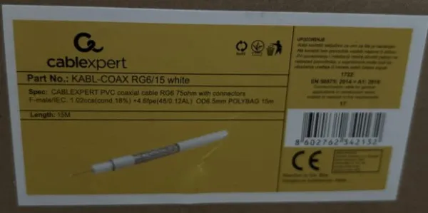 GEMBIRD KABL-COAX-RG6/15 white (X553)** koaksialni kabl RG6 konektor F-male/IEC, conduct.18%, 6.5mm 15m Slika 2