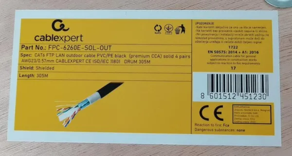 GEMBIRD FPC-6260E-SOL-OUT *Gembird, FTP cat.6 Outdoor, solid 23AWG, 0.57mm PREMIUM CCA kotur pun presek 305m Slika 1