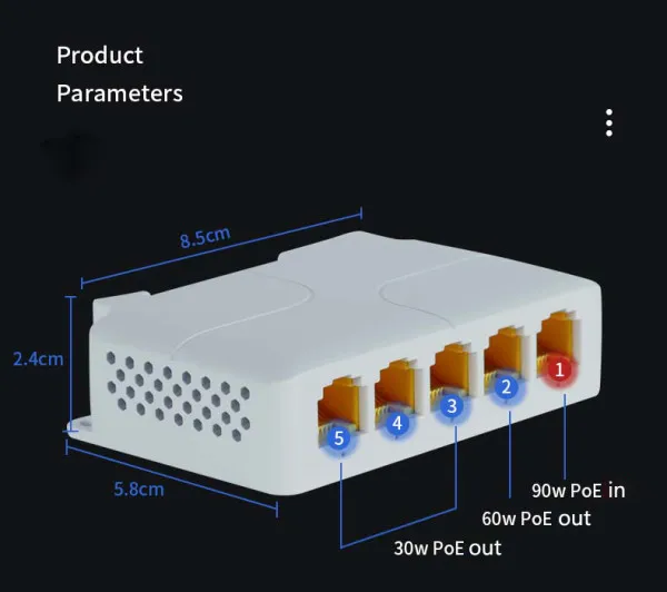 GEMBIRD POE-EXT-14G 5 port, 1000mbpsPOE extender, 30/60W 8W/port, POE voltage 44-57Vdc, 100m, 802.3af/at- Slika 4