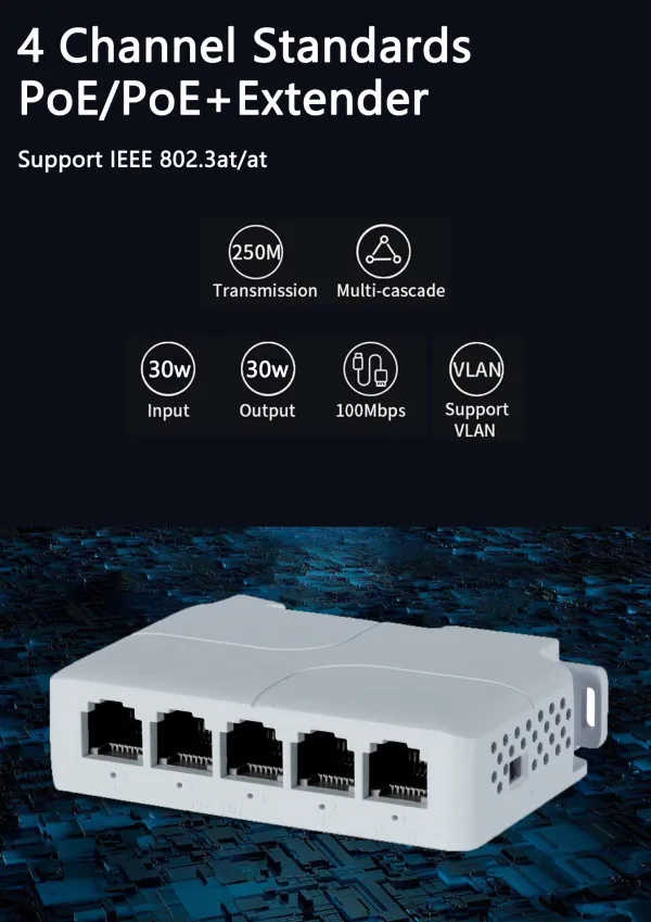 GEMBIRD POE-EXT-14F 5 port, 100mbps POE extender, 30/60W 8W/port, POE voltage 44-57Vdc, 100m, 802.3af/at Slika 3