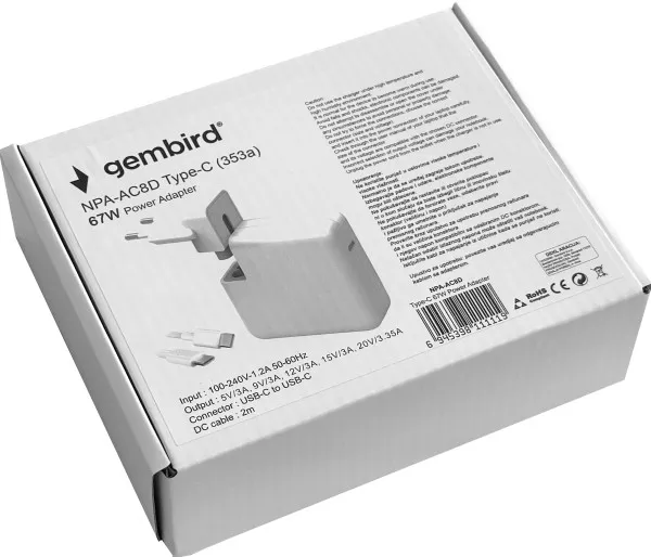 GEMBIRD NPA-AC8D Gembird laptop 67W, kabl 2m USB-C to USB-C, 5V/3A,9V/3A,12V/3A,15V/3A,20V/3.35A Slika 1