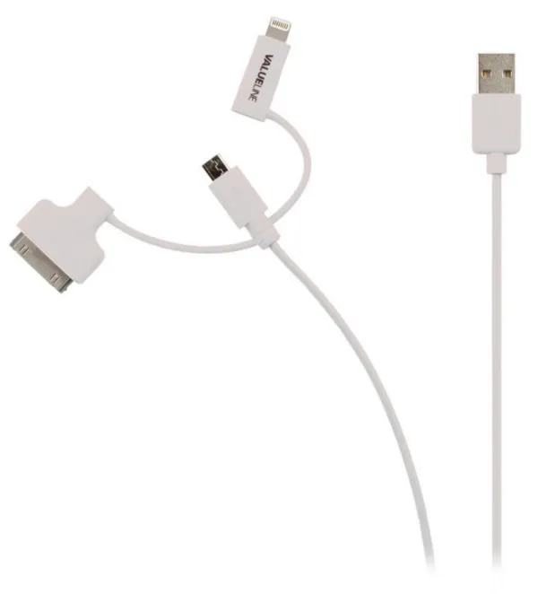 NEDIS VLMP39410W1.00 Nedis 3 u 1 Sync and Charge Cable USB-A Male - Micro B Male 1.00 m White + 30-Pin Doc Slika 1