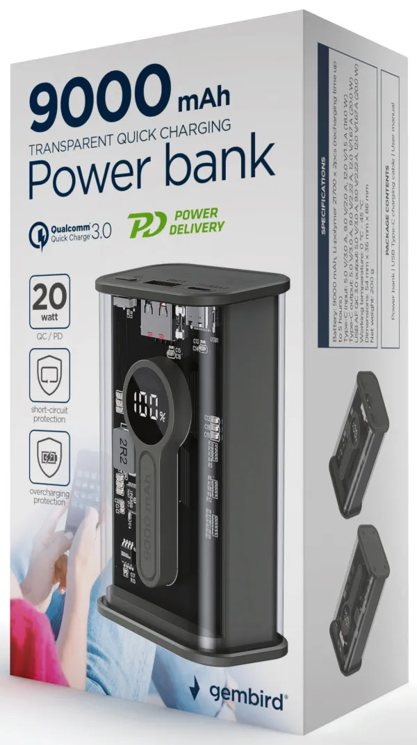 GEMBIRD PB09-TQC3-01 Gembird power bank 9000 mAh, crni Slika 2