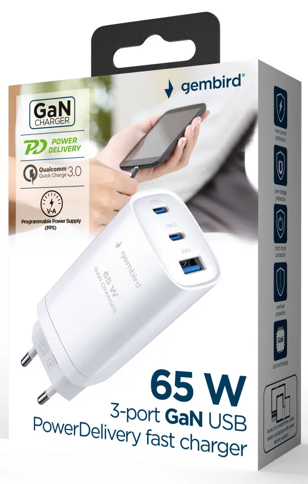 GEMBIRD TA-UC-PDQC65-01-W Gembird 3-port 65W GaN USB PowerDelivery fast charger, white Slika 2