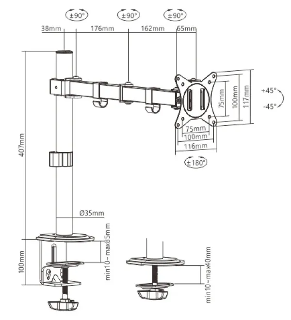 GEMBIRD MA-D1-01 Gembird Podesivi stoni drzac za monitor jedna ruka-Produzeni, tilt, 17-32 max.9kg Slika 1