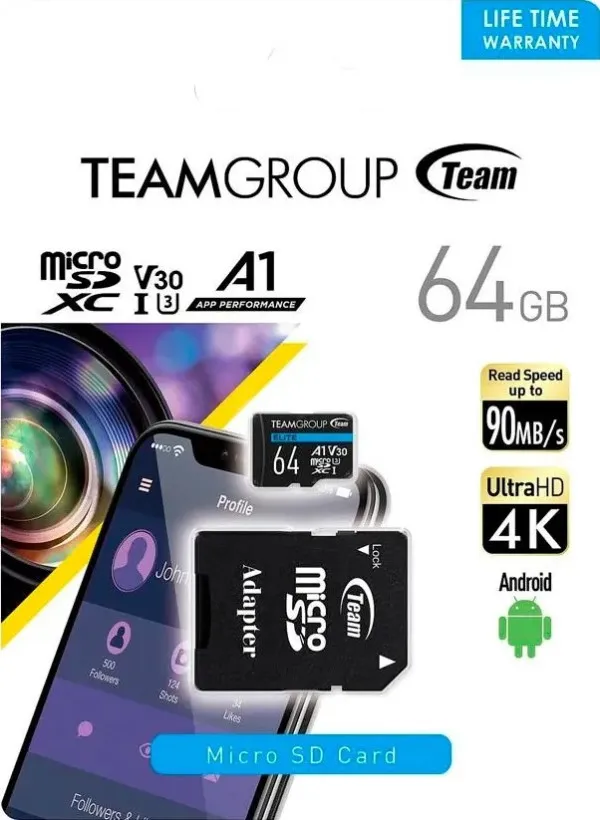 TEAM GROUP TeamGroup MICRO SDXC 64GB ELITE, UHS-I U3 V30 A1, 100/50MB/s +SD Adapter TEAUSDX64GIV30A103 Slika 4