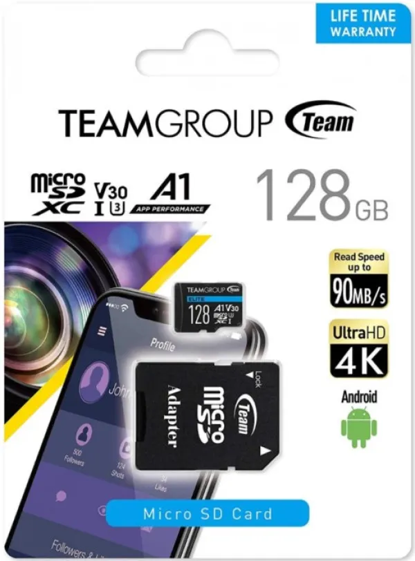 TEAM GROUP TeamGroup MICRO SDXC 128GB ELITE, UHS-I U3 V30 A1, 100/50MB/s +SD Adapter TEAUSDX128GIV30A103 Slika 1