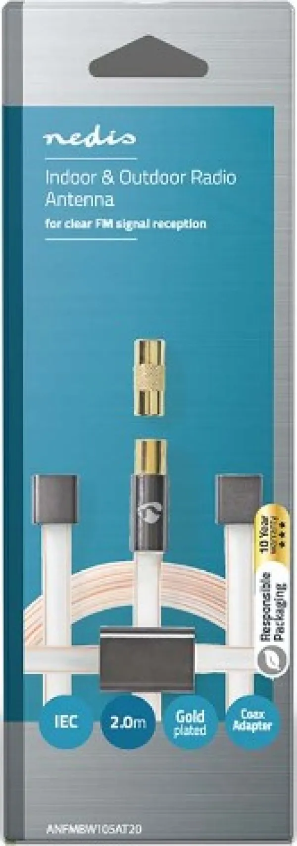 NEDIS ANFMBW105AT20 FM Antena IEC koaksijalni muški, Gold Plated, 50Ohm, Unshielded, 2m, PVC Slika 3