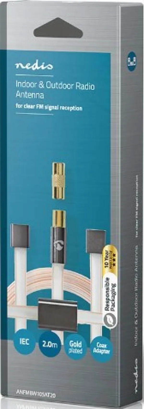 NEDIS ANFMBW105AT20 FM Antena IEC koaksijalni muški, Gold Plated, 50Ohm, Unshielded, 2m, PVC Slika 2