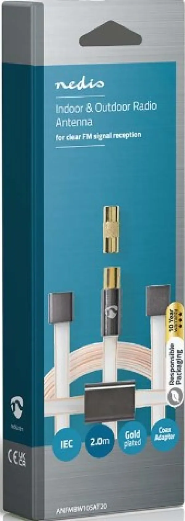 NEDIS ANFMBW105AT20 FM Antena IEC koaksijalni muški, Gold Plated, 50Ohm, Unshielded, 2m, PVC Slika 1