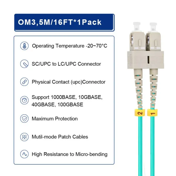 FO LC/UPC - SC/UPC MM 5M OM3 DX LSZH Aqua 2.0mm Slika 1