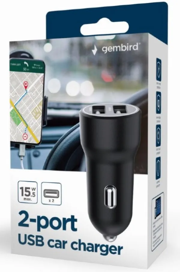 GEMBIRD TA-UC-2A15-CAR-01 Gembird 2-port USB car charger, 3.1A, 15.5W, black- Slika 1