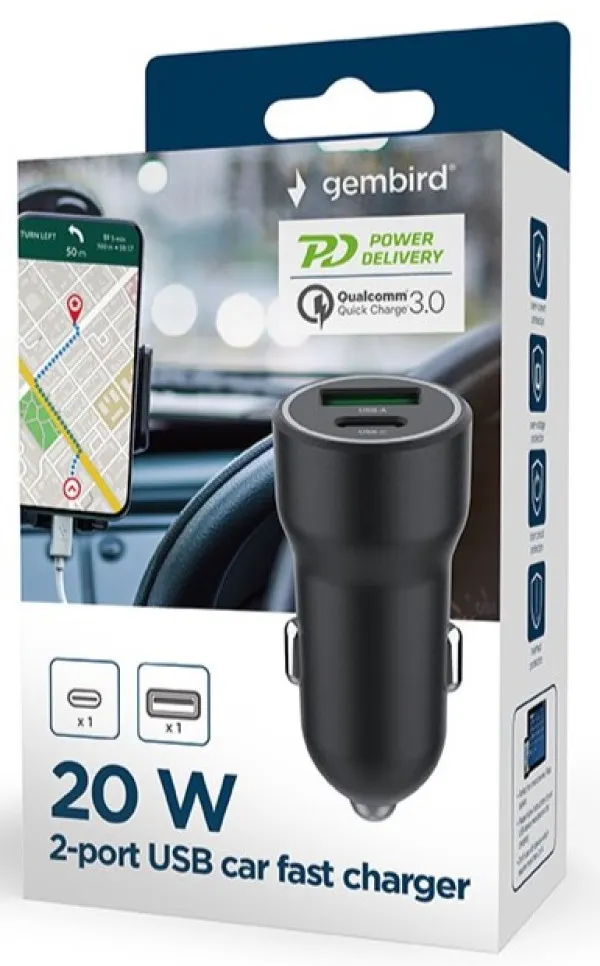 GEMBIRD TA-UC-A2PDQC20-CAR-01 Gembird 2-port USB car fast charger, Type-C PD, 20 W, black Slika 1