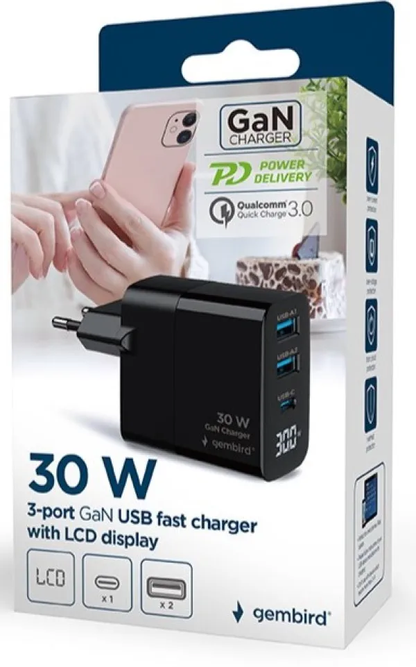 GEMBIRD TA-UC-PDQC30LCD-BK-02 Gembird GaN USB brzi punjac, 30W 3-port (2xUSB-A+ USB-C), LCD, black Slika 5