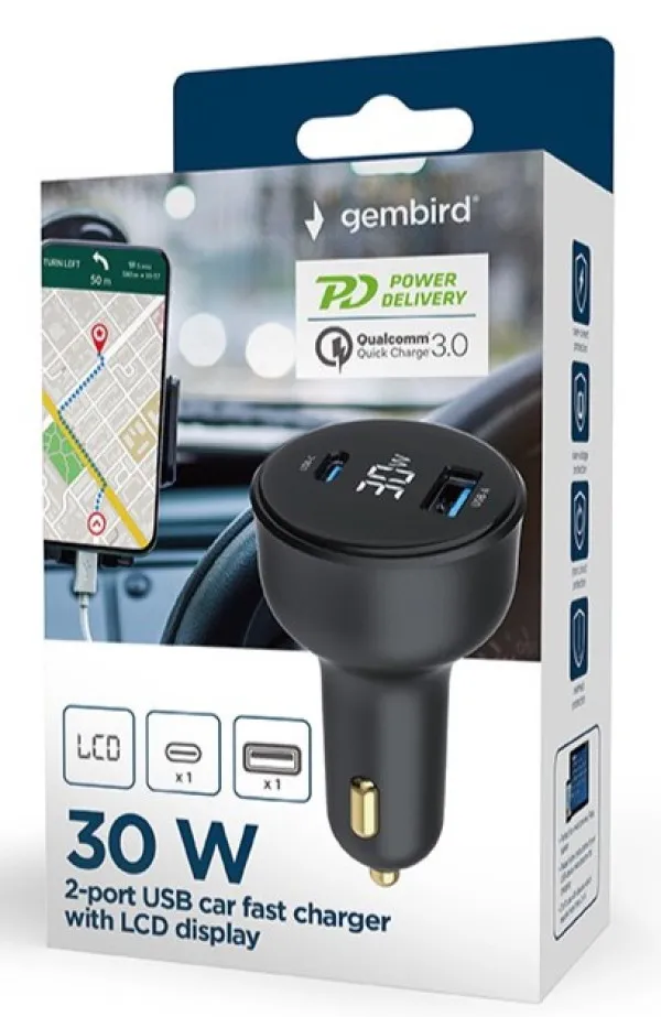 GEMBIRD TA-UC-AC2PD30LCD-CAR-01 Gembird 2-port USB brzi punjac za auto, Type-C PD, LCD, 30W, black Slika 1