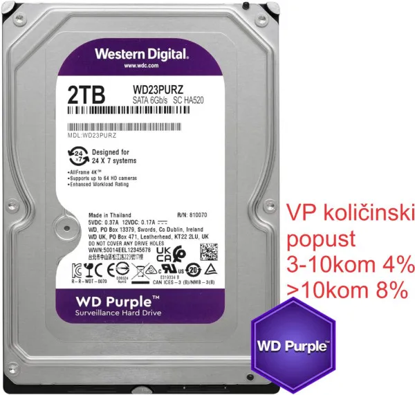 HDD 3.5 ** 2TB WD23PURZ WD Purple 24/7 5400RPM 64MB SATA3 Slika 1