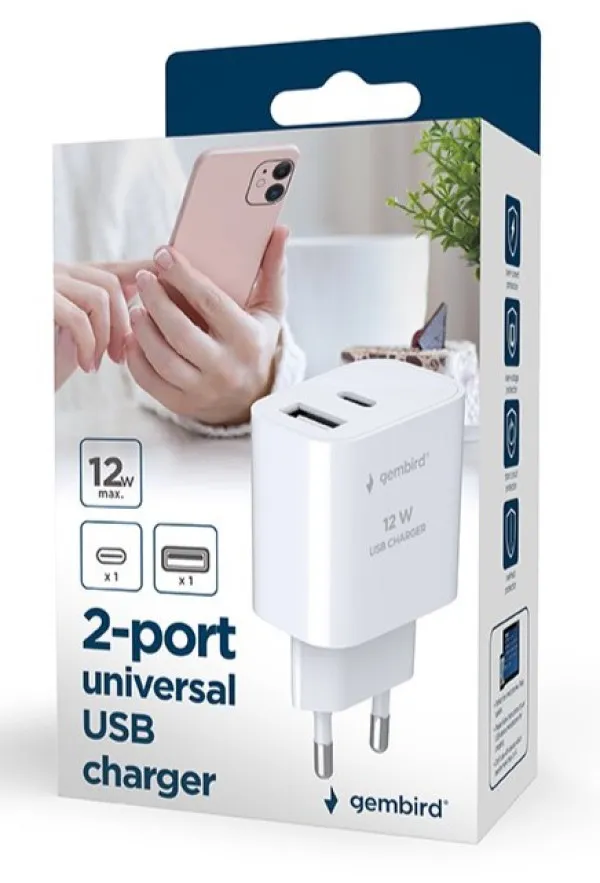 TA-UC-2AC12-01-BK Gembird USB punjac, 2-port USB-A+ USB-C, 2.4 A, Black Slika 3