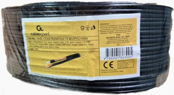 GEMBIRD KABL-COAX-RG59+2x0.75 BC/PVC/100M CCTV Bakarni Koaksialni kabl sa napojnim kablom2x0,75mm black 100m Slika 1