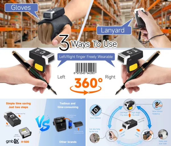 POS-BSH500 GMB 2d/OCR CMOS Warehouse Finger barcode scanner, barkod skener, 600mAh, 1MP, BT/WiFi Slika 7