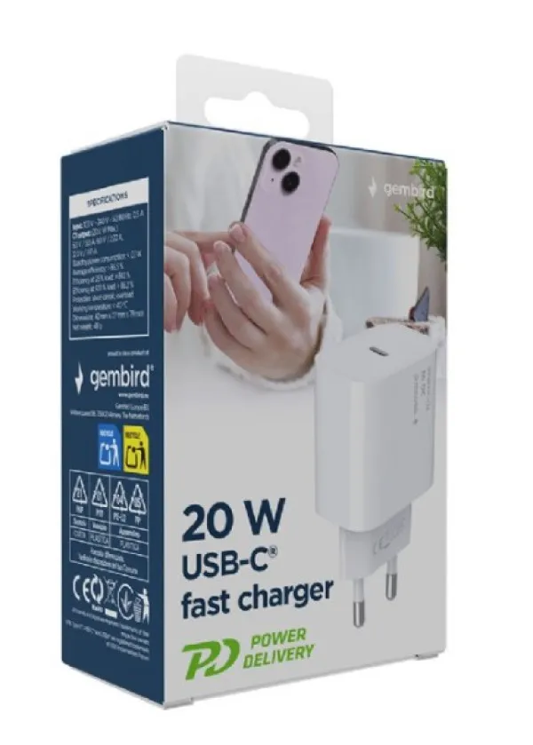 TA-UC-PD20-01-W Gembird USB Type-C 20W USB fast charger, white (alt. NPA-AC30) Slika 6
