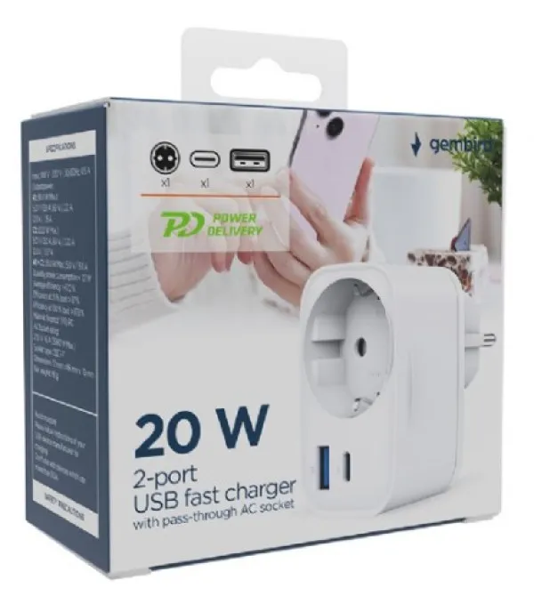 TA-ACPDQC20-01-W Gembird 20W 2-port USB brzi punjac sa pass-through AC socket-om, white Slika 4