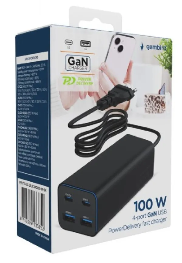 GEMBIRD TA-UC-2A2C-PD100-01-BK Gembird 4-port 100W GaN USB PowerDelivery brzi punjacr, black Slika 7