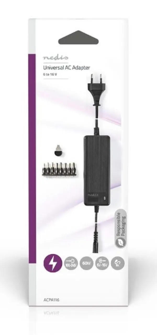 NEDIS ACPA116 Universal AC Power Adapter 60W, 6-16V DC, 1.10m 5.0-5.2A 8-plug(s), Black Slika 3
