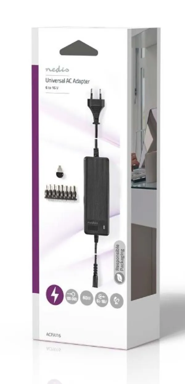 NEDIS ACPA116 Universal AC Power Adapter 60W, 6-16V DC, 1.10m 5.0-5.2A 8-plug(s), Black Slika 4