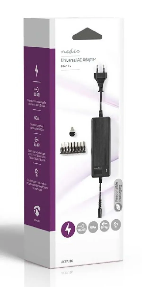 NEDIS ACPA116 Universal AC Power Adapter 60W, 6-16V DC, 1.10m 5.0-5.2A 8-plug(s), Black Slika 6