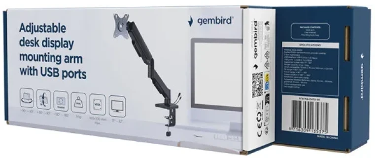 MA-DA1U-01 Gembird Podesivi stoni drzac za monitor sa USB portom, tilt 17-32 max.9kg Slika 6