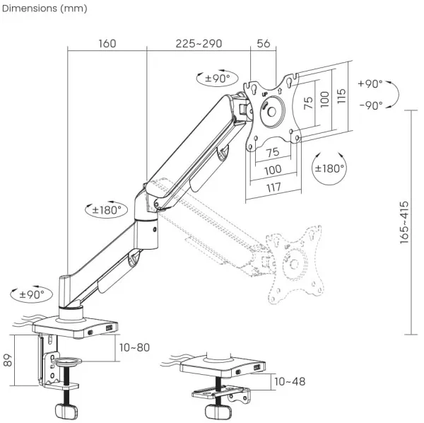 MA-DA1U-01 Gembird Podesivi stoni drzac za monitor sa USB portom, tilt 17-32 max.9kg Slika 4