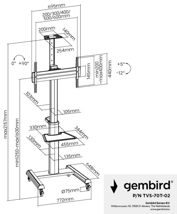 GEMBIRD TVS-70T-02 Gembird Mobilni sto sa tockicima, 37-70, crne boje Slika 9