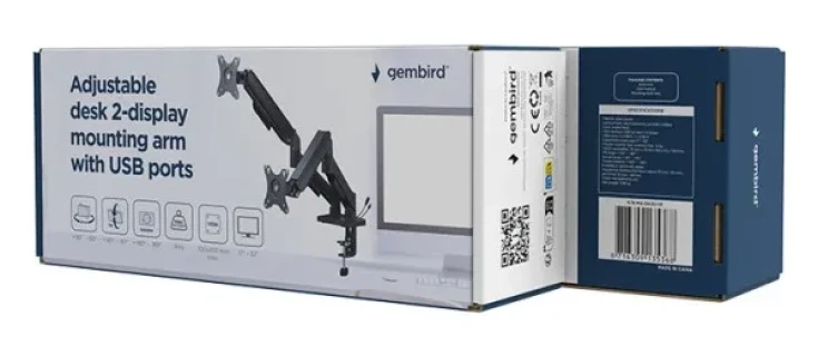 MA-DA2U-01 Gembird Podesivi stoni nosac za 2 monitora sa USB portovima, 17-32, 9kg Slika 4