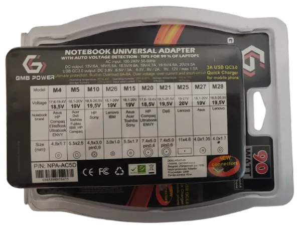 NPA-AC5D **Gembird univerzalni laptop punjac AC 90W + QC3.0 mob.brzi punjac 3A, auto voltage (1253) Slika 1