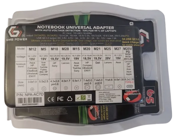 NPA-AC7D **Gembird univerzalni laptop punjac AC 65W sa Tip-C + QC3.0 mob. brzi punjac 3A, auto(1393) Slika 6