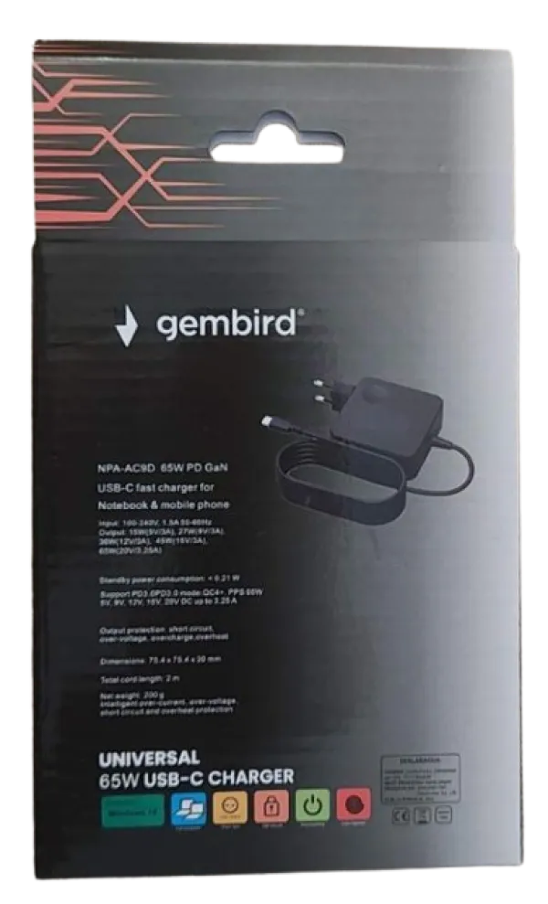 NPA-AC9D Gembird punjac za laptop 65W, kabl 2m USB-C, 5V/3A,9V/3A,12V/3A,15V/3A,20V/3.25A Slika 5