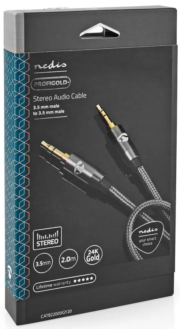 NEDIS CATB22000GY20, Stereo audio kabl, 3,5 mm muški, 3,5 mm muški, Pozlaceni, 2,00 m, Okrugli, Sivi Slika 2