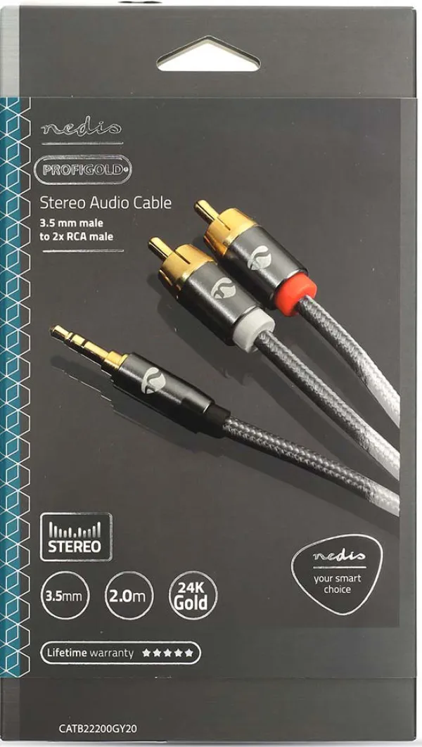 NEDIS CATB22200GY20, Stereo audio kabl, 3,5 mm muški, 2x RCA muški, Pozlaceni, 2,00 m, Okrugli, Sivi Slika 2