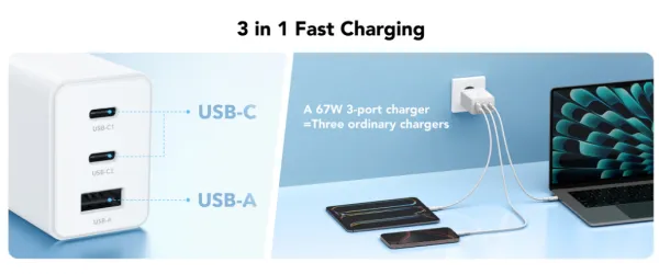 Cudy CH67_EU Brzi punjac za telefone i tablete 2xUSB-C/1XUSB-A, 67W Slika 2